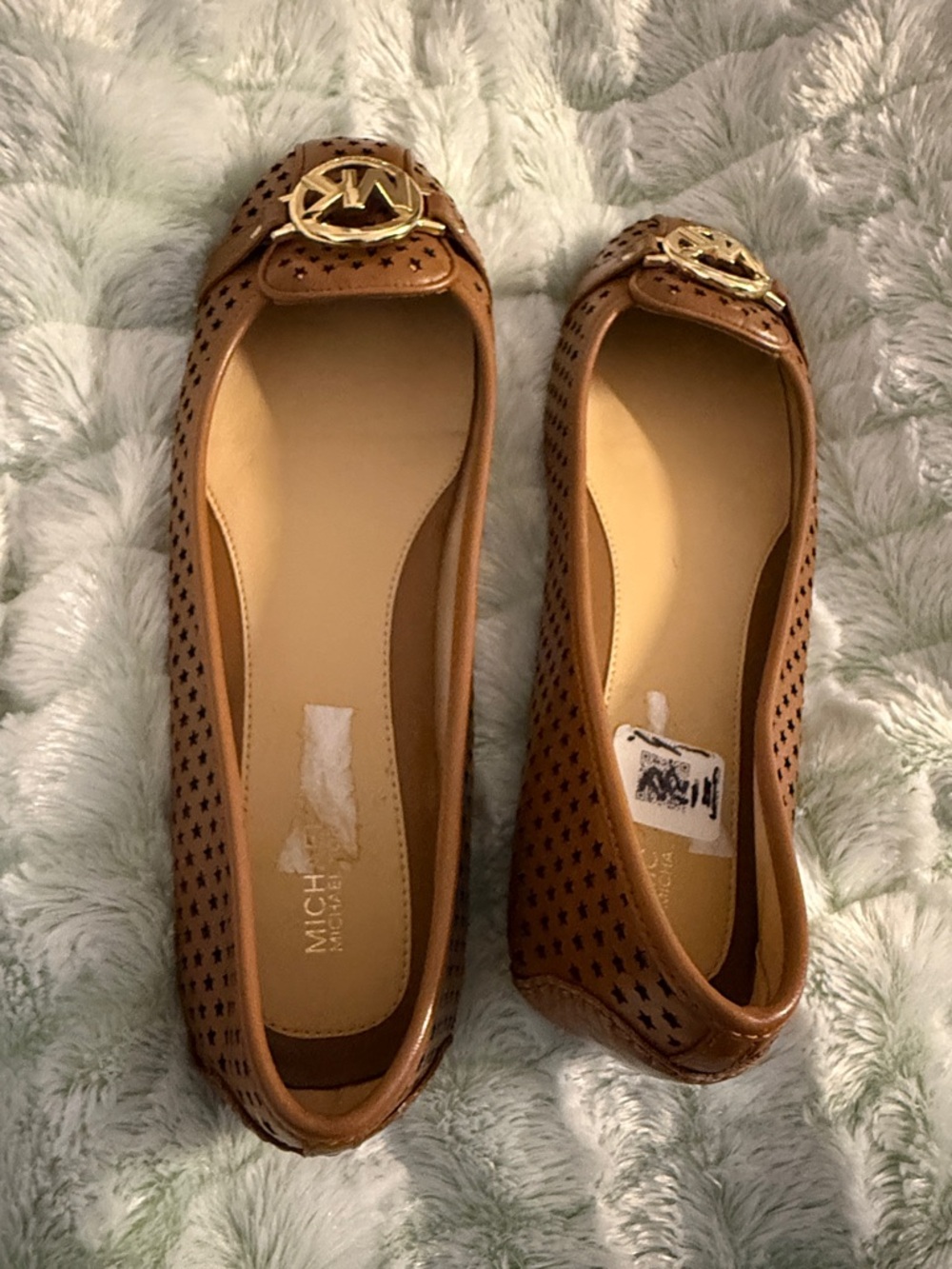 Michael Kors Tan Perforated Leather Ballet Flats with Gold MK Emblem